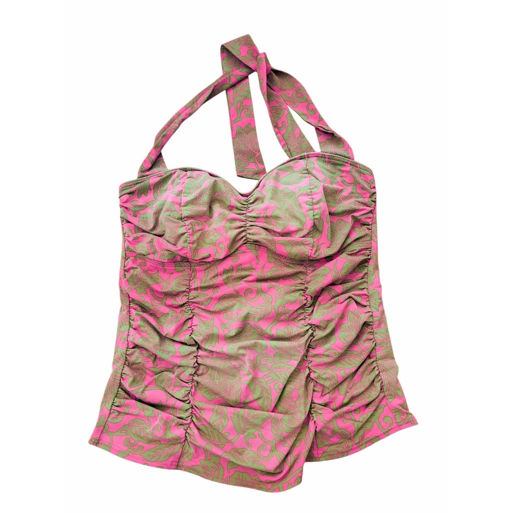 Lands' End Halter Tankini Swim Top Womens 12 Ruched Pink Green‎ Floral Tropical